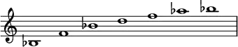 \new Staff \with {\remove "Time_signature_engraver"} {\time 7/1
bes1 f' bes' d'' f'' aes'' bes'' }