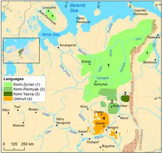 Географическое распространение коми и удмуртского языков на начало XX века