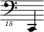 { \new Staff \with { \remove "Time_signature_engraver"} {\clef "bass_15" c,,,4}}