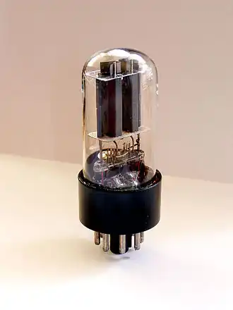 Советский двойной триод 6Н8С&nbsp;— один из множества зарубежных аналогов американской 6SN7. Хорошо видна стеклянная гребешковая ножка, несущая конструктивную арматуру лампы.