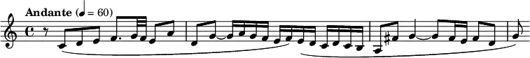 
         \relative c'
{
  \tempo "Andante" 4 = 60 
          r8 c8( d e f8. g32 f e8 a | d, g~ g16 a g f e f) e( d c d c b | a8 fis' g4~ g8 fis16 e fis8 d | g)
    } 
