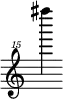 { \new Staff \with { \remove "Time_signature_engraver"} {\clef "treble^15" fis''''''4}}