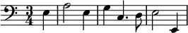 
 \relative c { 
    \clef bass 
    \key a \minor \time 3/4 \autoBeamOff
    \partial 4 e4 
     a2 e4
     g4 c,4. d8
     e2 e,4
   }
   