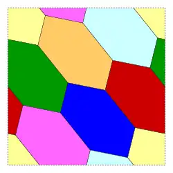 Вложение графа Хивуда в тор (показан в виде квадрата с периодическими граничными условиями[англ.]), разделяющий его на семь взаимно-смежных областей