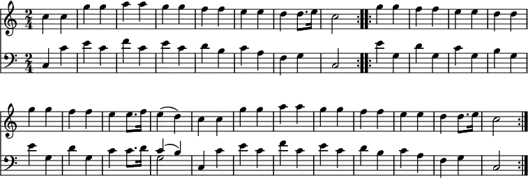 << <<
\new Staff { \clef treble \time 2/4 \key c \major \set Staff.midiInstrument = "piano" \set Score.tempoHideNote = ##t \override Score.BarNumber #'transparent = ##t
\relative c'' { c4 c g' g a a g g f f e e d d8. e16 c2 \bar":..:"
g'4 g f f e e d d g g f f e e8. f16 e4( d)
c c g' g a a g g f f e e d d8. e16 c2 \bar":|." }
}
\new Staff { \clef bass \key c \major \set Staff.midiInstrument = "piano"
\relative c { c4 c' e c f c e c d b c a f g c,2
e'4 g, d' g, c g b g e' g, d' g, c c8. d16 << { c4( b) } \\ { g2 } >>
c,4 c' e c f c e c d b c a f g c,2 }
}
>> >>
\layout { indent = #0 }
\midi { \tempo 4 = 100 }