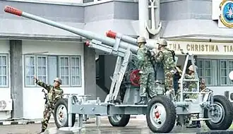  85mm 52-K air defense gun of Yonmarhanlan XI Ambon (IX Base Defense Marine Battalion Ambon) during base defense drill in 2014.