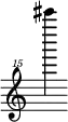 { \new Staff \with { \remove "Time_signature_engraver"} {\clef "treble^15" cis'''''''4}}