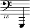 { \new Staff \with { \remove "Time_signature_engraver"} {\clef "bass_15" g,,,,4}}