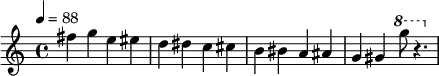 \relative c'
{ \clef treble \time 4/4 \set Staff.midiInstrument = #"lead 1 (square)" \tempo 4 = 88
fis'4 g4 e4 eis4
d4 dis4 c4 cis4
b4 bis4 a4 ais4
g4 gis4 \ottava #1 g''8 r4.
}