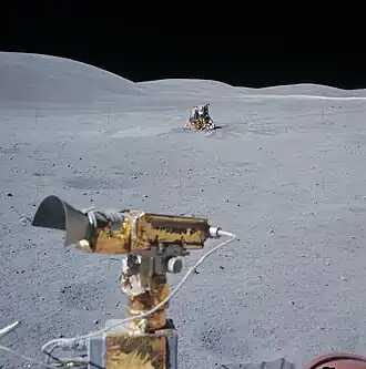 ЛМ «Орион», снятый Дьюком в конце третьей поездки. Вид с севера на юг. Слева&nbsp;— гора Стоун Маунтин. Справа видны приборы ALSEP