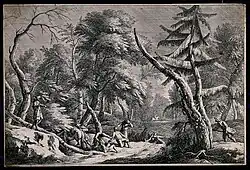 Банда разбойников грабит и убивает людей в дикой местности. 1743. Офорт Д. А. Фоссати по рисунку М. Риччи