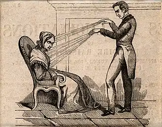 Магнетизёр, практикующий месмеризм. Гравюра на дереве