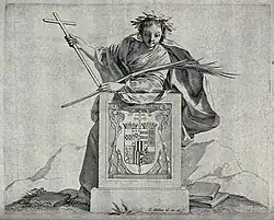 Молодой человек (гений?) склоняется над гербом кардинала. Офорт