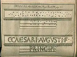 Памятная надпись. Посвящение Августу. Гравюра Acta eruditorum. 1760