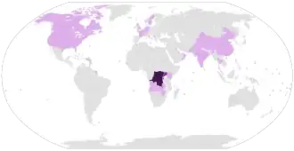 &nbsp;Страны с 10&nbsp;000+ случаев
&nbsp;Страны с 1000–9999 случаев
&nbsp;Страны с 100–999 случаев
&nbsp;Страны с 1–99 случаев
&nbsp;Нет подтверждённых случаев