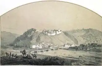 Ахалцих, перед которым генерал-лейтенант князь Андроников разбил турецкий корпус 14 ноября 1853 года (Русский художественный листок В. Тимма, № 4 за 1854 год).