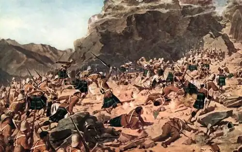 Атака полка шотландских горцев Гордона на Даргайские высоты (Dargai, Британская Индия, ныне Пакистан) в ходе Тирахской кампании.