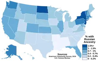 Процент русскоязычных американцев по штатам по данным Американского опроса населения, 2019 г. Бюро переписи населения США