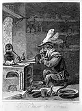 Обезьяна-алхимик качает мехи в лаборатории, намекая на тщеславие алхимии. По оригиналу Д. Тенирса Младшего. Ок. 1650. Офорт