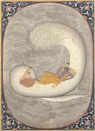 Вишну отдыхает на Ананташеше, в то время как Лакшми массирует его «лотосные стопы»