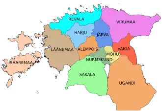 Карта исторических областей современной Эстонии. Харью обозначена голубым цветом