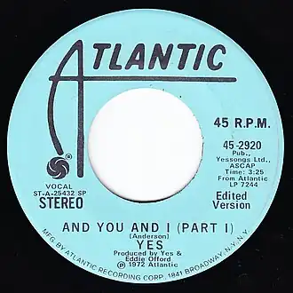 Обложка сингла Yes «And You and I» (1972)
