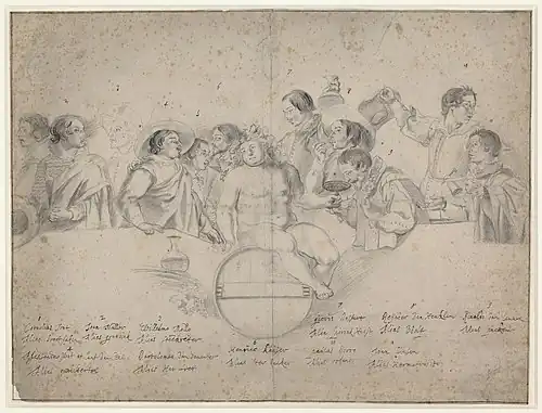 Аноним. Члены общества «Перелётные птицы» (под № 10 изображён Паулюс Бор — второй справа), 1623