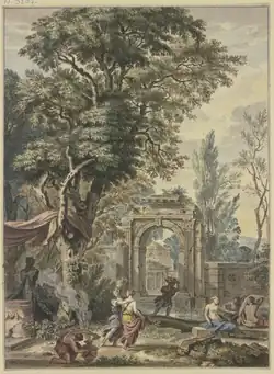 Aнтичный портал, слева статуя Пана с алтарём. Бумага, акварель, гуашь. Штеделевский художественный институт, Франкфурт-на-Майне