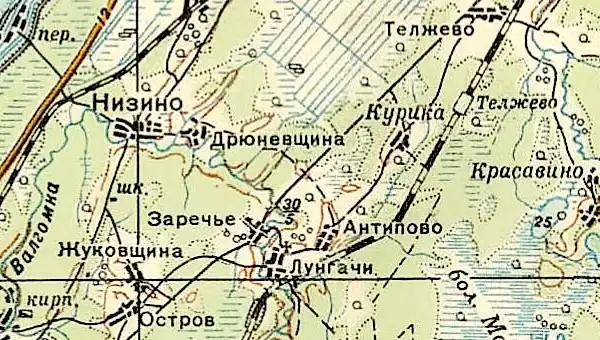 Деревня Остров на карте 1940 года