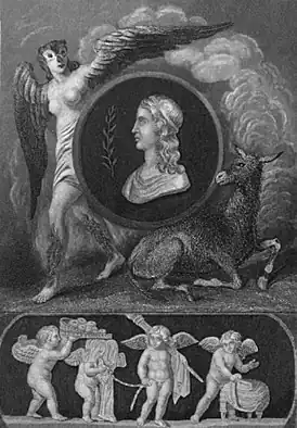 Апулей и герои его романа — превращённый в осла Луций и Памфила, обращающаяся в сову.Фронтиспис лондонского издания 1866 года.