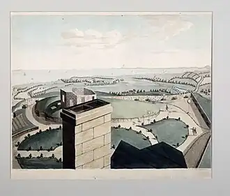 1/6 часть панорамной картины с видом на Эдинбург и его окрестности с башни Городской обсерватории на вершине Колтон-хилл. Раскрашенная вручную акватинта с оригинальной акварели Роберта Баркера. Гравюра выполнена Джоном Уэллсом в 1790 году