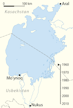 Падение уровня Аральского моря с 1960 по 2010 г.