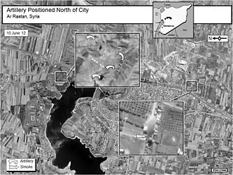 Расположение артиллерии на севере Эр-Растана и дымящиеся строения (фото со спутника)