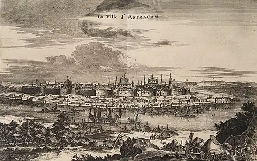 «Вид города Астрахани». Изображение корабля «Орёл» на гравюре из книги о путешествиях Яна Стрюйса. Амстердам, 1681 год