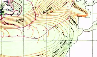 Португальское течение (Portugal C.) на карте течений Атлантического океана.
