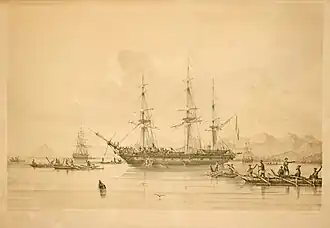 Астролябия и Усердный на якоре в бухте "Anna-Maria Bay" (Нуку-Хива). Гравюра Луи Бретон.