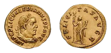 Ауреус Валериана I, 253—260 гг., легенда FELICITAS AVGG