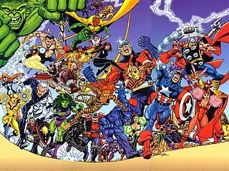 Некоторые Мстители на развороте обложкиAvengers (vol. 3) № 1 (февраль 1998)Художник — Джордж Перес