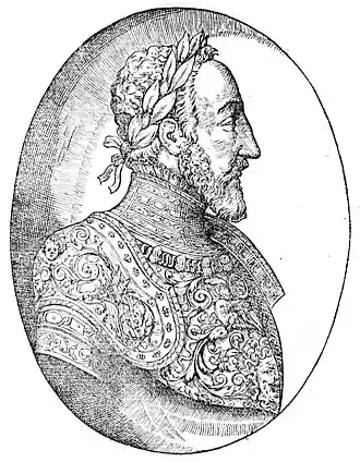 Валентин Грефф Бакфарк на титульном листе, напечатанной в Лионе «Intabulatura» (1553)