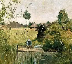 Пейзаж со стирающей женщиной