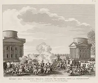 Попытка освобождения депортируемых бывших депутатов Бийо, Колло и Барера: 1 апреля 1795  года, или 12 жерминаля III года. День Республики, гравюра № 121, Полное собрание исторических картин Французской революции. Жан Дюплесси-Берто, 1802 год
