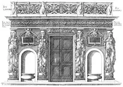 Трибуна Шведского зала (Зала кариатид) Лувра. Гравюра Ж.-А. Дюсерсо по проекту П. Леско. 1576