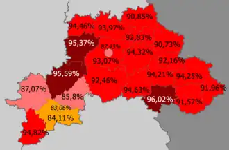 Доля белорусов по районам&nbsp;>95%&nbsp;90–95%&nbsp;85—90%&nbsp;<85%
