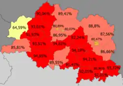 Доля белорусов по районам&nbsp;>90%&nbsp;85—90%&nbsp;80–85%&nbsp;<80% (64,59%)