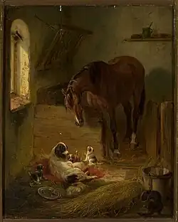 Деревенская конюшня (кошка, собаки, ласточки и лошадь)