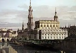 Дрезден с правого берега Эльбы, перед мостом Августа (Католическая придворная церковь). Ок. 1750 г. Холст, масло. Национальная галерея Ирландии, Дублин