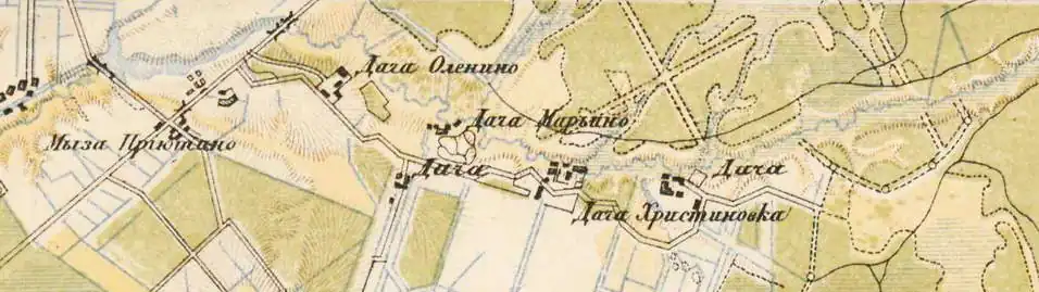 Мыза Приютино, мыза Елизаветино (Дача Оленино), мыза Марьино (Дача Марьино), мыза Васильевка (Дача), мыза Христиновка (Дача Христиновка), мыза Софиевка (Дача) на карте 1885 года