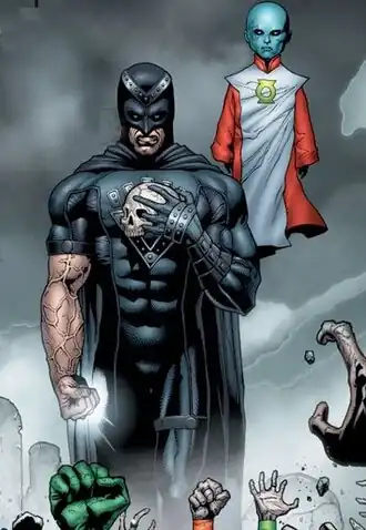 Чёрная Рука с черепом Брюса Уэйна и Скар. Вlackest Night #0, художник Рэнди Мэйор.
