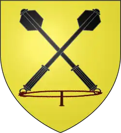 D'or à deux masses d'armes de sable passées en sautoir et liées de gueules.