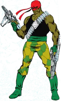 Роберт Дюбуа в образе Бладспорта в Who's Who: Update '97 #1 (август 1987).Художник — Джон Бёрн.